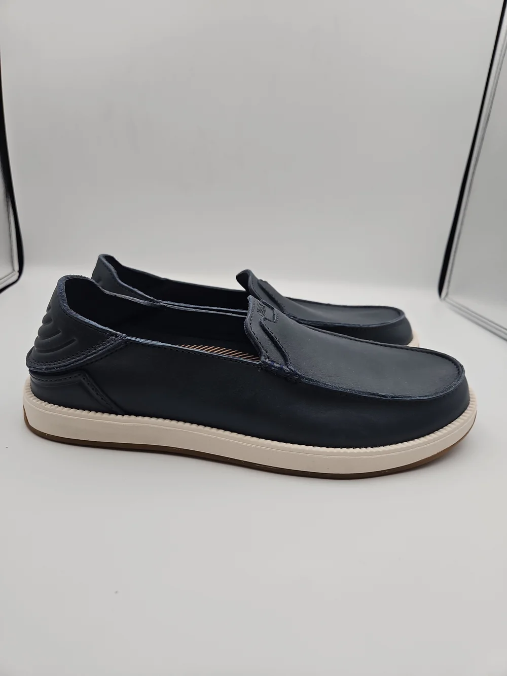 OluKai Men's Navy Leather Slip-On Loafers with Cream Sole